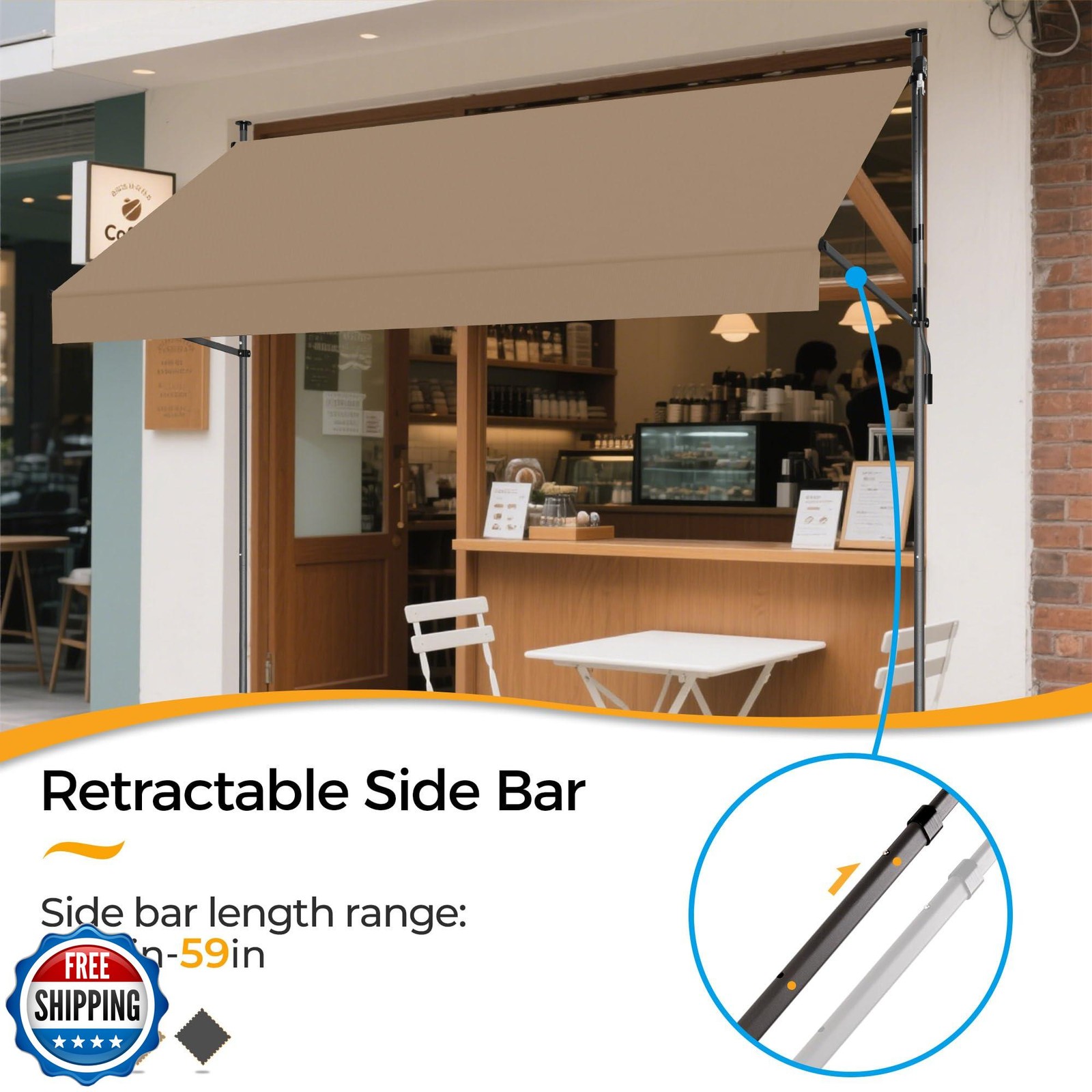HOMEDEMO Manual Retractable Awning 59" W x 118" H,Side Bar 47-59i