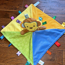Taggies Monkey Yellow Blue Colorful Plush Baby Lovey Ribbon Security Blanket 14"