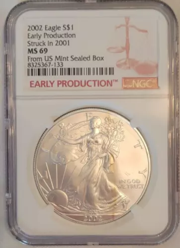2002 NGC MS69 EARLY PRODUCTION SILVER EAGLE STRUCK 2001 FROM US MINT With Toner!
