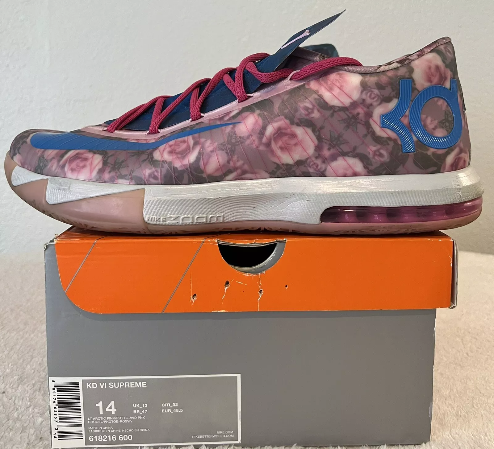 NIKE ZOOM KEVIN DURANT KD VI 6 PERLE TANTE TAILLE 14 BLEU ROSE FLORAL 618216 600 14