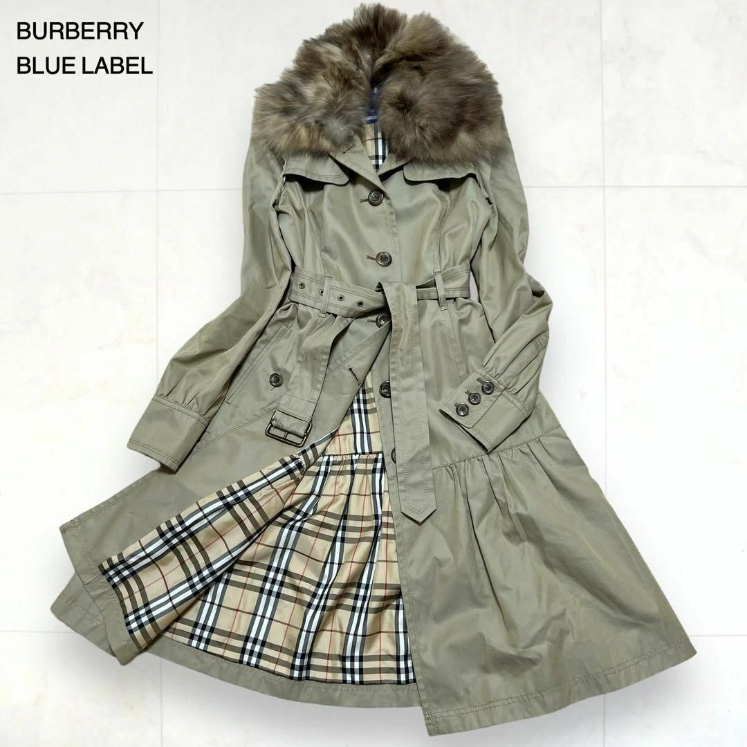 Women size JP M Burberry London Blue Label Trench Coat Fox Fur 38