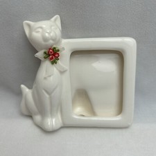 Vintage White Porcelain Kitty Cat Photo Frame 2" x 3" Opening Ribbon With Flower