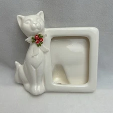 Vintage White Porcelain Kitty Cat Photo Frame 2" x 3" Opening Ribbon With Flower