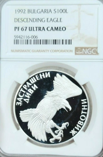 1992 BULGARIA SILVER 200 LEVA S200L DESCENDING EAGLE NGC PF 67 ULTRA CAMEO