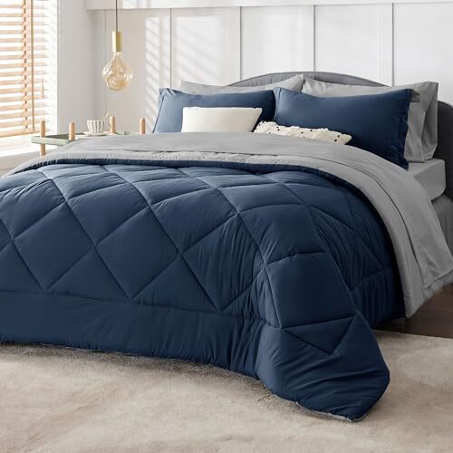 Navy Bedding Set - 7 Pieces Reversible Bed Sets in a Bag with Queen 02 - Navy