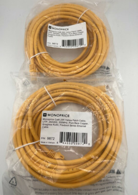 QTY 2 MONOPRICE CAT6 25FT YELLOW PATCH CABLE UPT 24AWG 550MHZ FLEXBOOT 9872