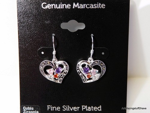 Heart Drop Earrings 1" Hook Fine Silver Plate Cubic Zirconia Stones Macy's - Picture 6 of 12