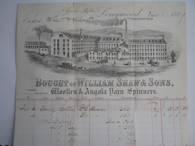 1889 bildlicher Billhead von William Shaw & von Grove Mills Longwood Huddersfield