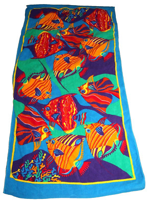 VINTAGE SUNSATIONS 80'S MULTICOLOR OCEAN FISH SWIMMING TAN BEACH TOWEL 29 X 58''