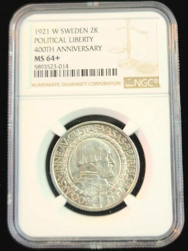 1921 W SWEDEN SILVER 2 KRONER 2K POLITICAL LIBERTY 400TH ANNIV NGC MS 64+