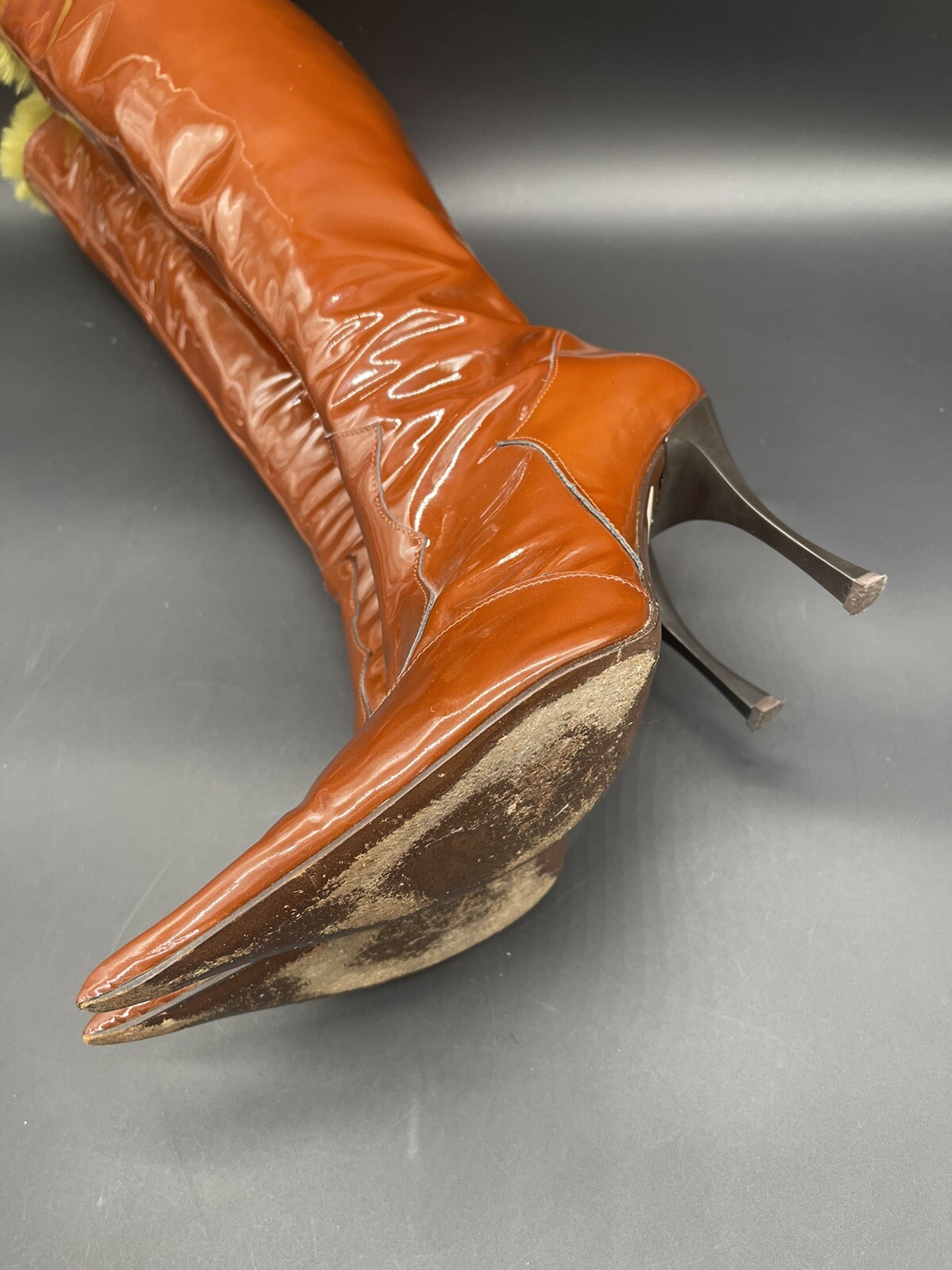$995 Giancarlo Paoli Henna Brown Patent Leather Boots With Green Fur Sz 39 Tall