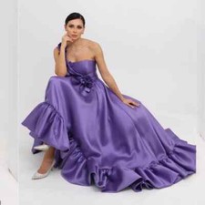 Sexy Purple Satin Flower Draped Pleat Engagement A-line One-shoulder Prom Gowns