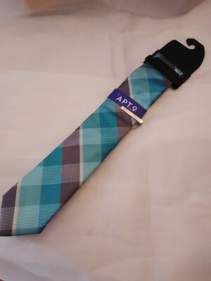 Grey Aqua Plaid Necktie Tie  w/ Clip NEW! By APT 9 Retail $34