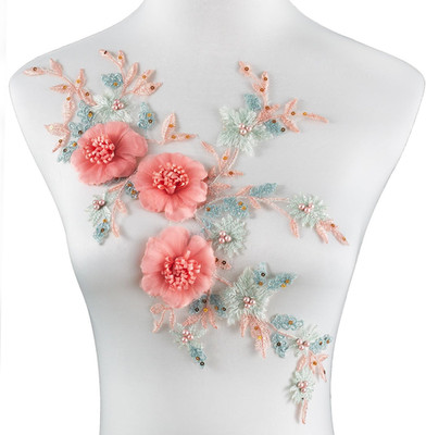 3D Embroidered Beaded Pearl Flower Fabric Lace Applique, Handmade Sewing Tool fo