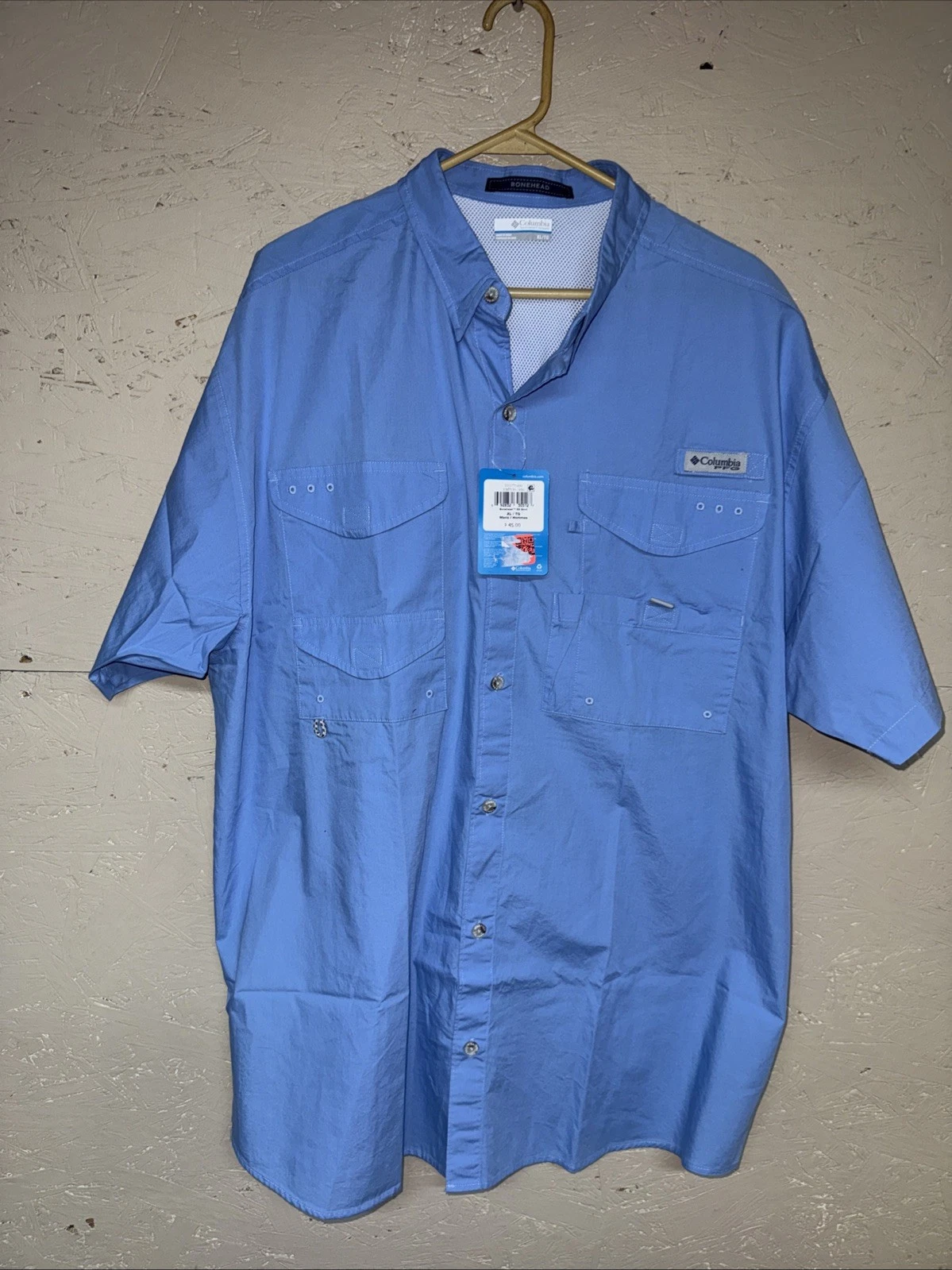 Columbia PFG Fishing Shirt Mens XL Vented Short Sleeve Omni Shade Blue Bonehead