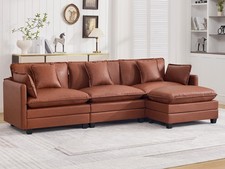 111'' Sectional Cloud Couch L Shaped Leather Sofa with Ottoman Brown