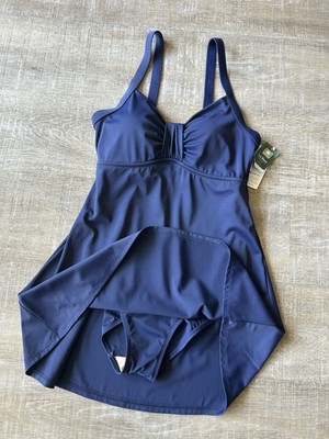 L.L.Bean Navy Swim Dress One Piece Tummy Control Skirted Swimsuit NWT Womens 10