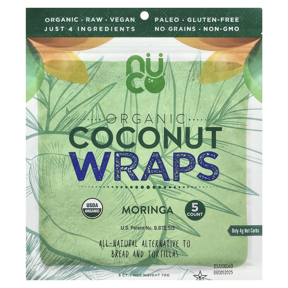 Organic Coconut Wraps, Moringa, 5 Wraps, 14 g Each