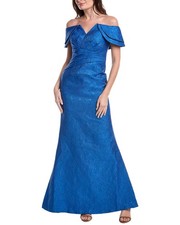 Teri Jon By Rickie Freeman Jacquard Off Shoulder Portrait Gown Women's Blue 6