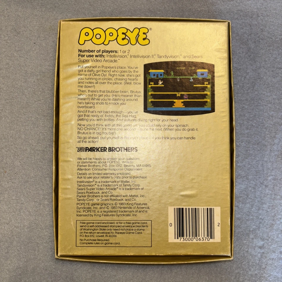 Popeye For Intellivision Parker Brothers Vtg Video Game Cartridge CIB Boxed!!! - Image 2 of 4
