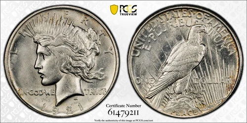 1921 HIGH RELIEF PEACE DOLLAR PCGS AU58 - PQ!