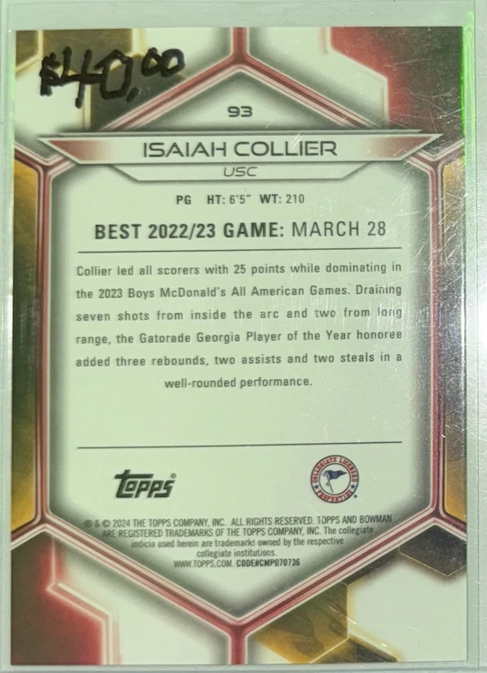 2023-24 Bowman University Best - Isaiah Collier #93 Yellow Refractor /75 (RC) - Image 2 of 2