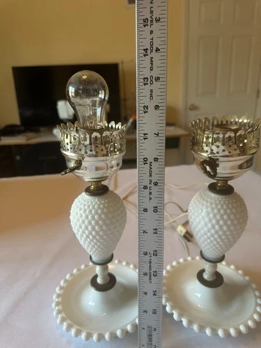 Vintage White Milk Glass Hobnail Dresser Vanity Table Lamp Electric 12” Tall