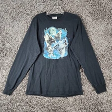 Port And Company Mens Black Long Sleeve Wolves Howling At Moon Tee Size M