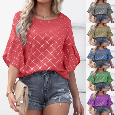 Frauen Rüschen 3/4 Ärmel Gedruckt T-Shirt Tops Damen Sommer Casual Lose (