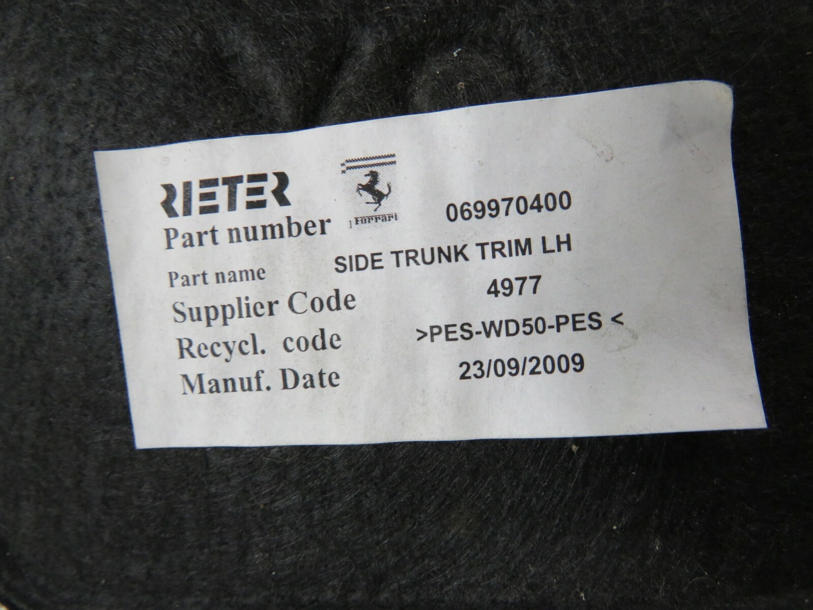 Ferrari California, LH Left, Trunk Carpet Access Cover, Used, P/N 69970400