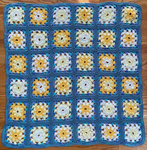 Vintage Handmade Crochet Blue Yellow Granny Square Afghan Throw Blanket 40x40