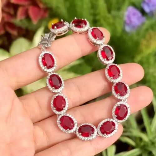28 ct Oval Cut Created Ruby & Diamond 14K White Gold Plated Halo Tennis Bracelet - Picture 2 of 6