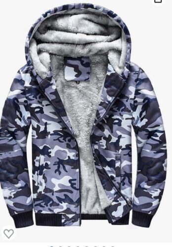 Boys Blue Camouflage Bomber Jacket With Hood Green Faux Fur Lined M - Afbeelding 1 van 7