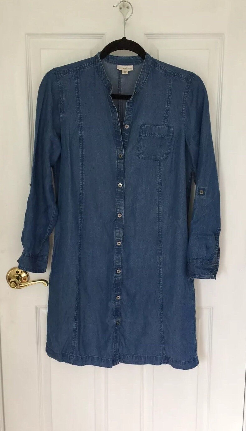 J Jill Denim Dress Blue Chambray Roll Tab LS 3 Pockets Cotton Dress