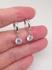 925 Sterling Silver CZ Round Solitaire Dangle Huggie Hoop Earrings Women 21mm