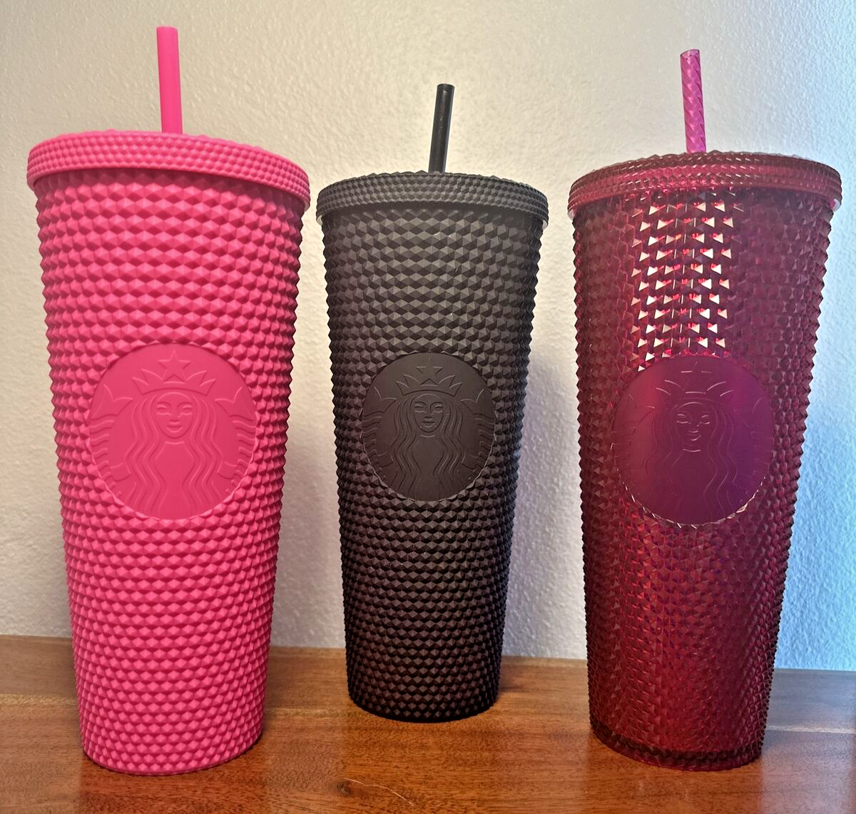 Starbucks Spiked 24 ounce Tumbler Set of 3 Black Matte Hot Pink Red Jeweled  | eBay