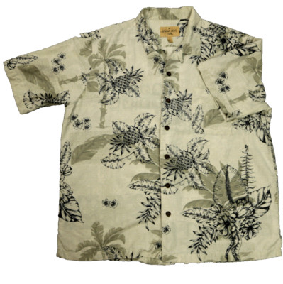 Havana Jack's Cafe 100% Silk Hawaiian Shirt Palm & floral Print Cream Men's XL