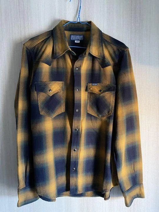 IRON HEART IHSH-316 9oz Indigo Ombre Check Plaid Western Shirt Yellow Men Size L