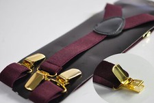 Burgundy Wine Red Suspenders Braces Gold Golden Metal Clips Men Youth Boys Kids