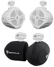 2 Rockville RWB70W White 6.5" 360 Swivel Marine Wakeboard Tower Speakers Covers