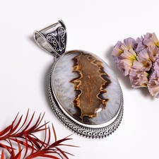 Marrone Botswana Agata Gemma Vintage Handmade 925 Pendente Argento 2.1 " 19.9 GM