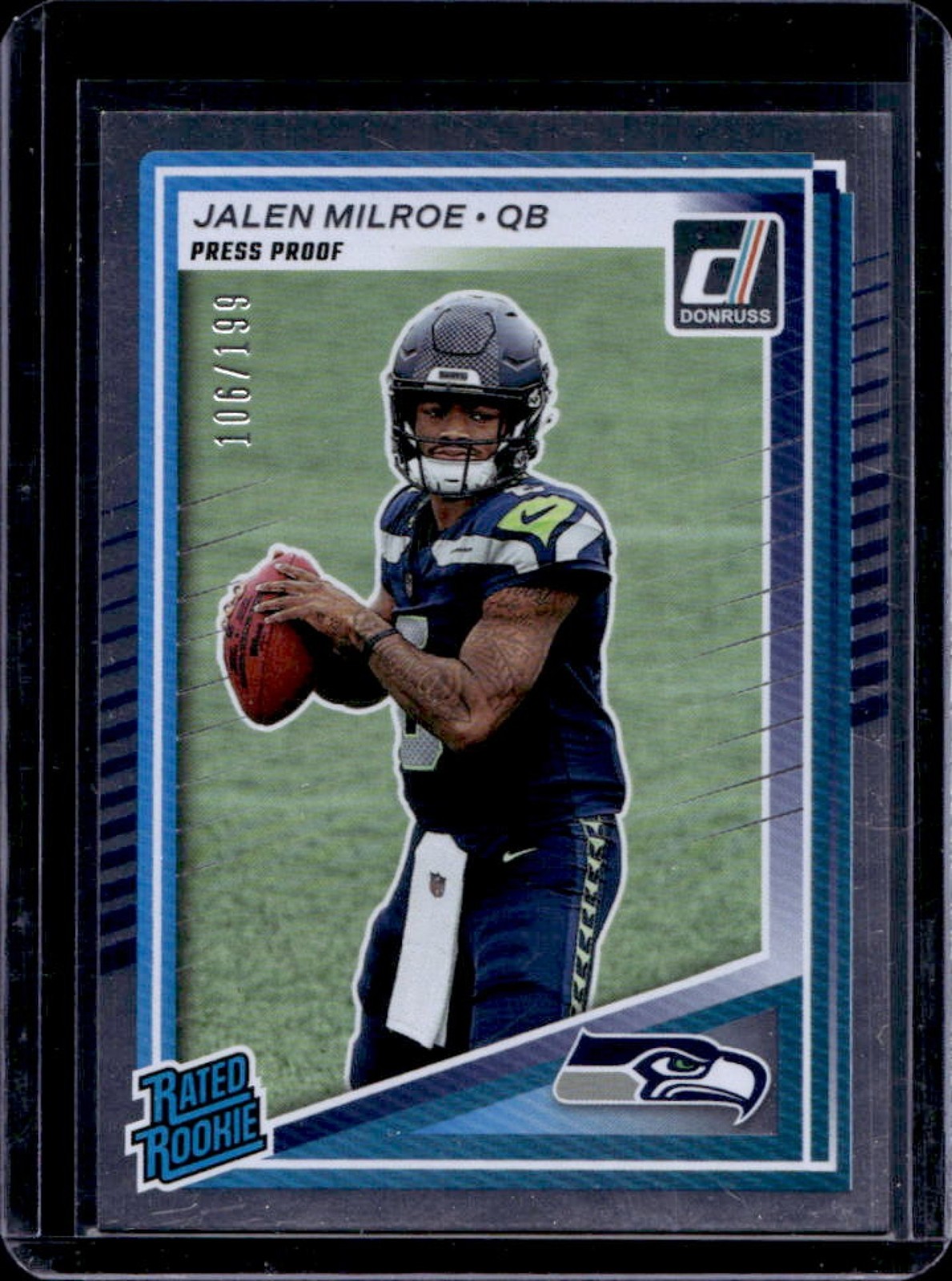 2025 Donruss Jalen Milroe Rated Rookie Press Proof Silver RC #106/199 Seahawks