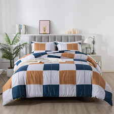 Plaid Checkered Comforter Set Navy and Gray, Fluffy Geometric Grid Buffalo King