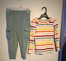 Girls Size 4 2-Piece Outfit Set Green Cargo Jogger Pants Striped Ruffle Top