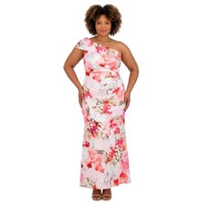NEW ELIZA J Floral Scuba Knit Formal Maxi Dress 18W OneShoulder Guest Pink White