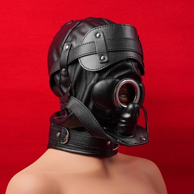 PU Leather Head Hood Headgear Mask with Plug Harness Bondage Open Mouth Gag BDSM