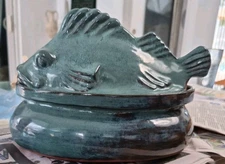 HTF Thora Ovenware Blue Teal Pottery Rockfish Soup Tureen 