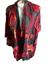 Chicos Kimono Open Front Sheer Embroidered Large Flowers Red Black Large