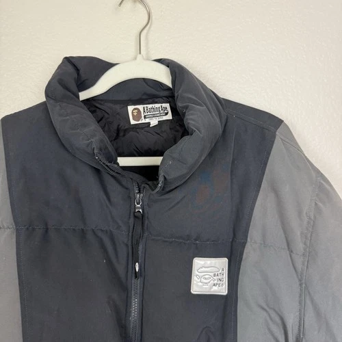 BAPE A Bathing Ape Puffer Jacket Mens Medium Down Feather Black Gray Streetwear image 4