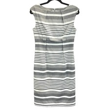 Calvin Klein Sheath Dress Womens 4 Gray White Striped Boat Neck Pleated Bodice